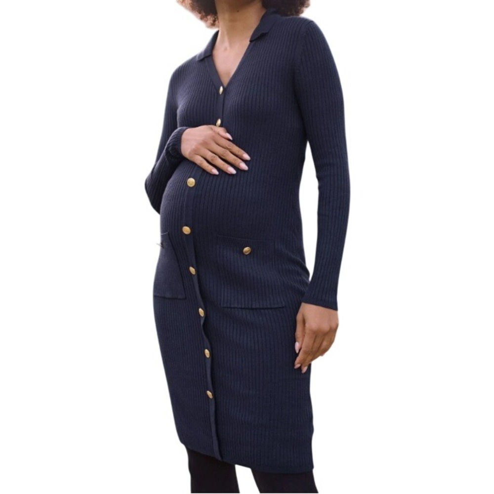 SERAPHINE Size 2 Navy Blue Ribbed Knit Gold Button Down Maternity Sweater Dress